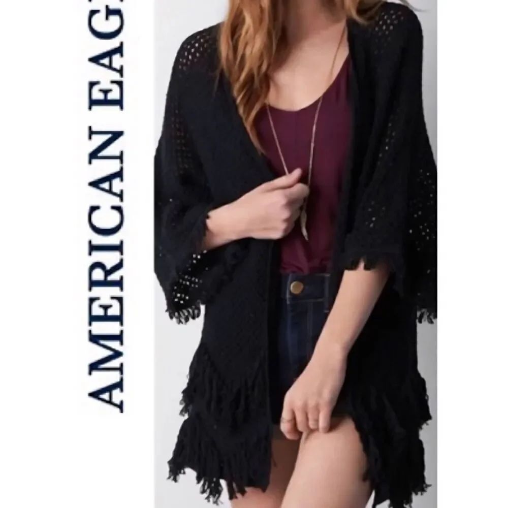 NWT American Eagle Cardigan Women's Small Black Crochet Fringe Boho Open Knit